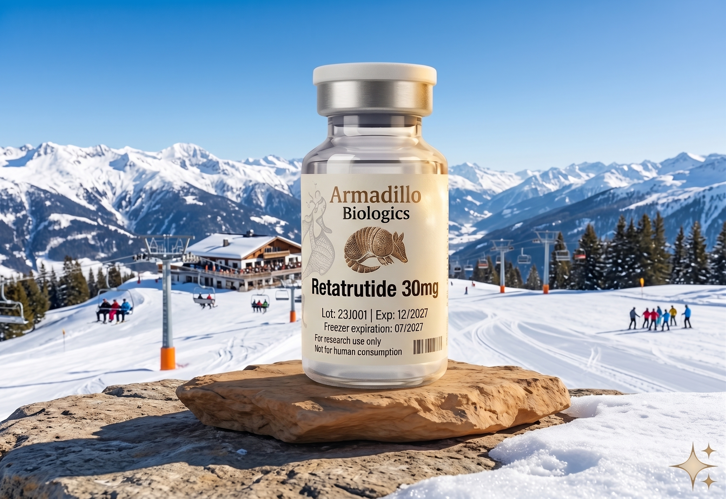 Retatrutide vial in an alpine setting